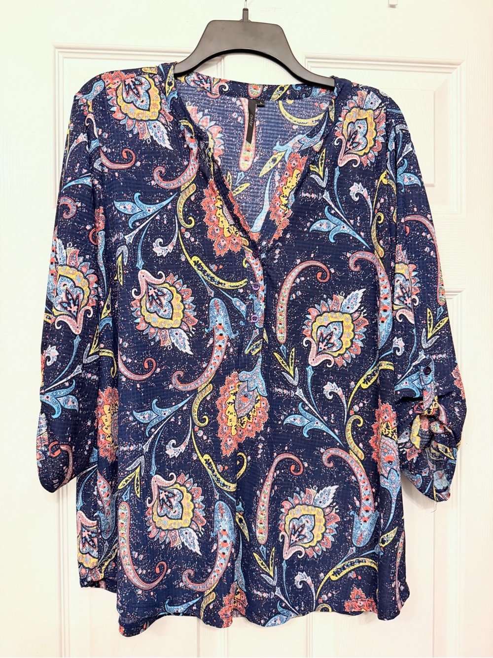 Cathy Brand, Women’s Navy Paisley V-Neck Blouse - Navy/Multicolor